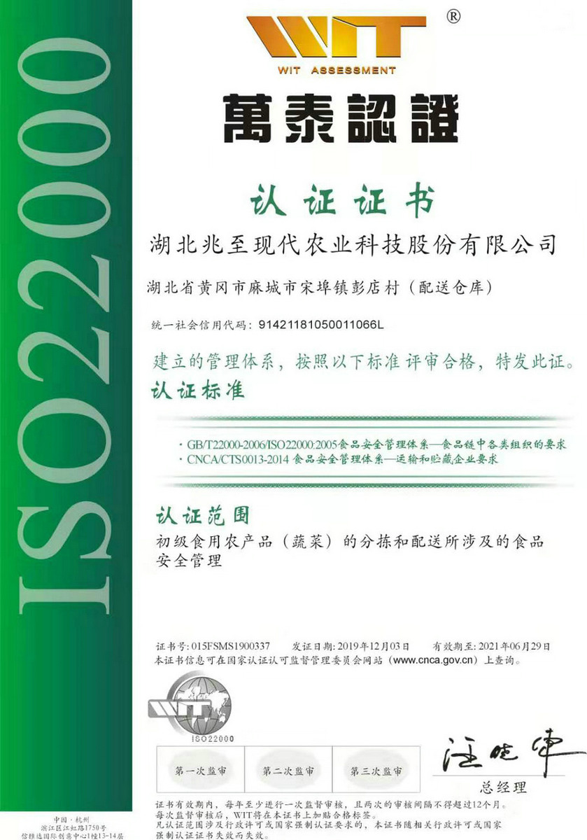 ISO22000认证证书